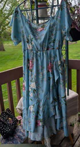 Hope Blooms Here – Upcycled Blue Floral Ruffle Dress